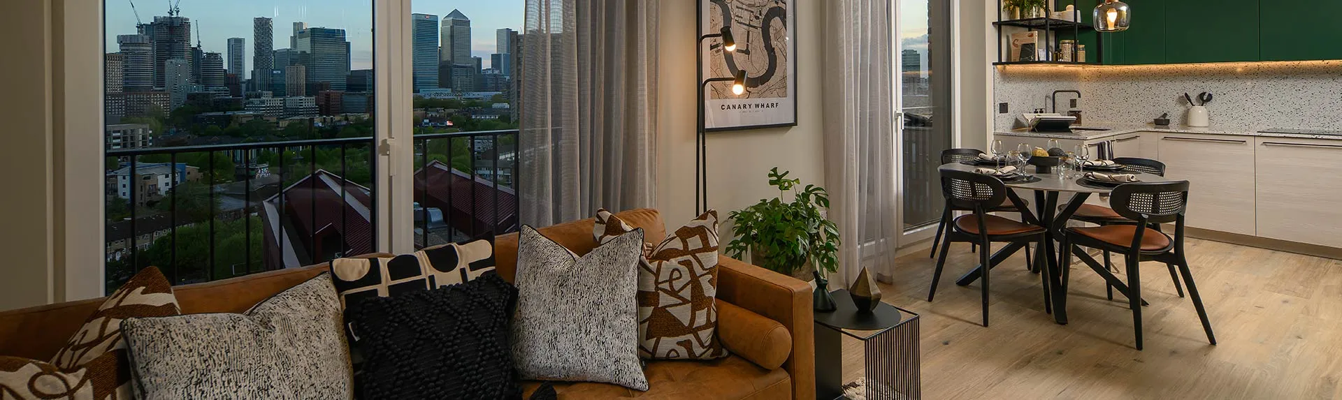 Elegant lounge and dining area at Heron Wharf with stunning city views