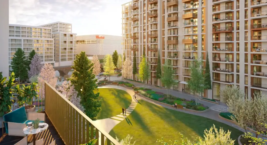 White City Living balcony view overlooking landscaped courtyard